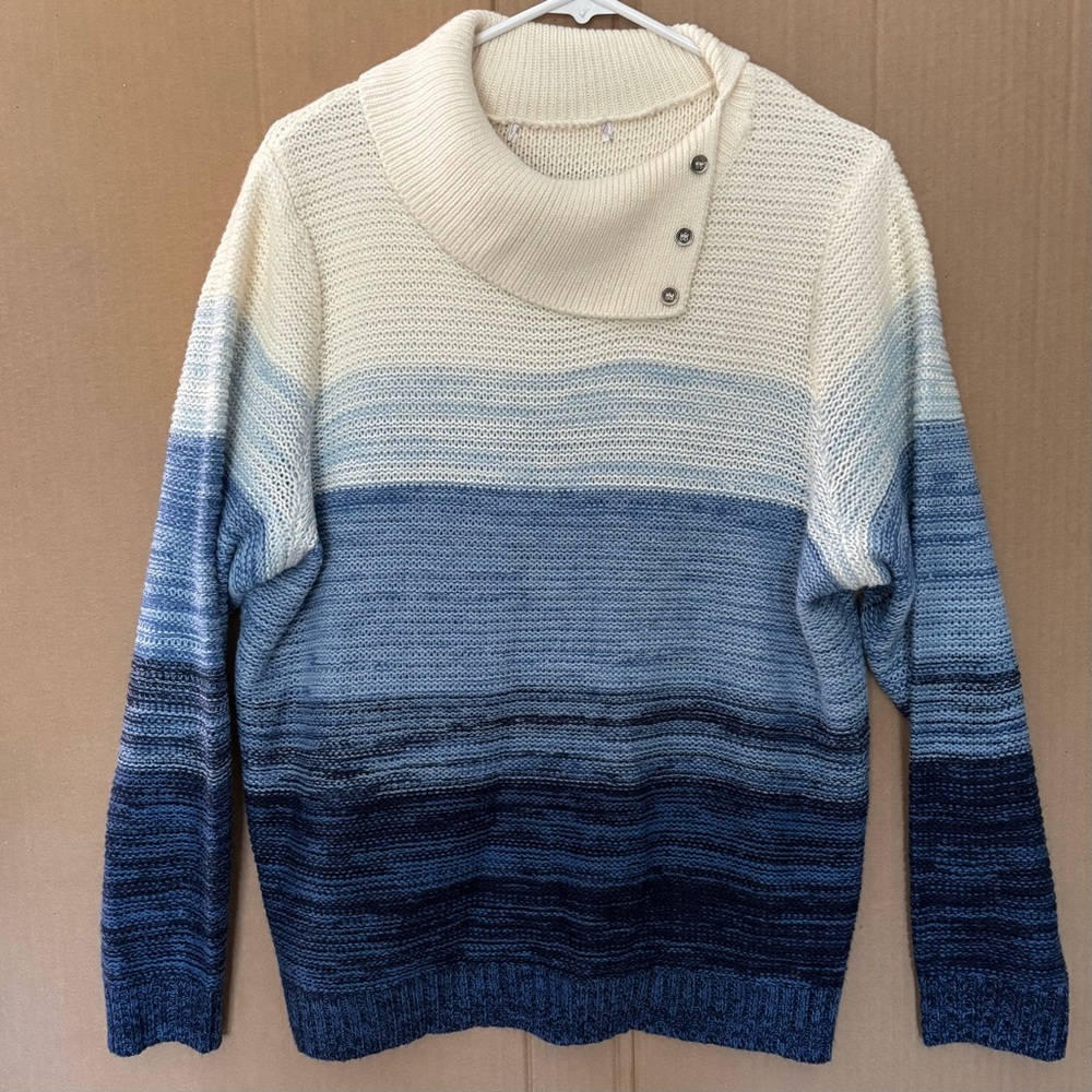 Ombré Blue Knit Sweater Cowl Button Collar Cozy Pullover Woman’s M